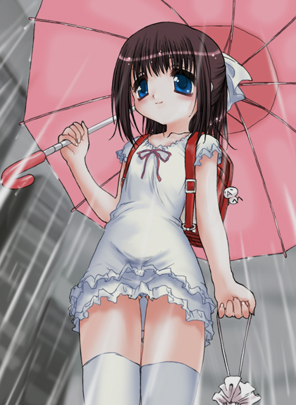 takahama tarou, dokuo (ascii art), original, 1girl, backpack, bag, blue eyes, bow, brown hair, building, female focus, from below, hair bow, loli, panties, pantyshot, rain, randoseru, ribbon, skirt, solo, standing, thighhighs, umbrella, underwear, upskirt, white skirt, white thighhighs
