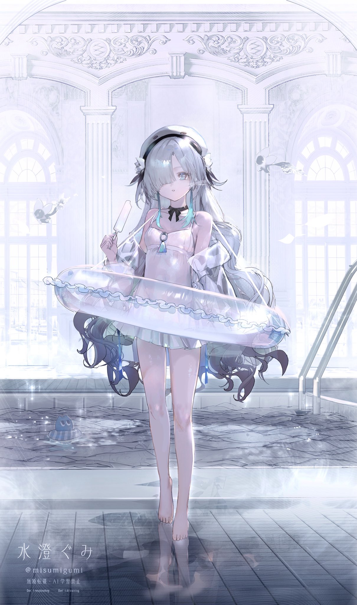 misumigumi, isekaijoucho, kamitsubaki studio, highres, 1girl, barefoot, blue eyes, dress, food, full body, grey hair, hair over one eye, holding, holding food, holding popsicle, long hair, one eye covered, parted lips, pool, popsicle, solo, standing, water, white dress, white hair