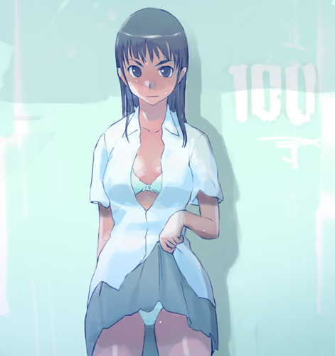 takeda sun, lowres, 1girl, blouse, bra, clothes lift, female focus, lifting own clothes, lingerie, open clothes, open shirt, panties, pantyshot, pleated skirt, school uniform, serafuku, shirt, skirt, skirt lift, solo, standing, underwear, white panties