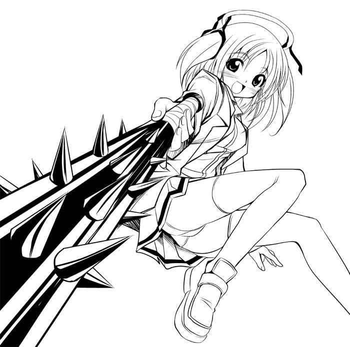 endou masatoshi, mitsukai dokuro, bokusatsu tenshi dokuro-chan, 00s, 1girl, blush, club, club (weapon), female focus, greyscale, kanabou, miniskirt, monochrome, panties, pantyshot, shoes, skirt, solo, thighhighs, underwear, upskirt, weapon