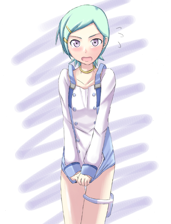 towamin, eureka (eureka seven), eureka seven, eureka seven (series), 00s, 1girl, :o, aqua hair, buckle, collarbone, covering crotch, covering privates, cowboy shot, dress, embarrassed, female focus, flat chest, flying sweatdrops, hair ornament, hairclip, holster, jewelry, long sleeves, looking at viewer, neck ring, open mouth, purple eyes, short dress, short hair, solo, standing, strap gap, surprised, swept bangs, thigh gap, thigh holster, thigh strap