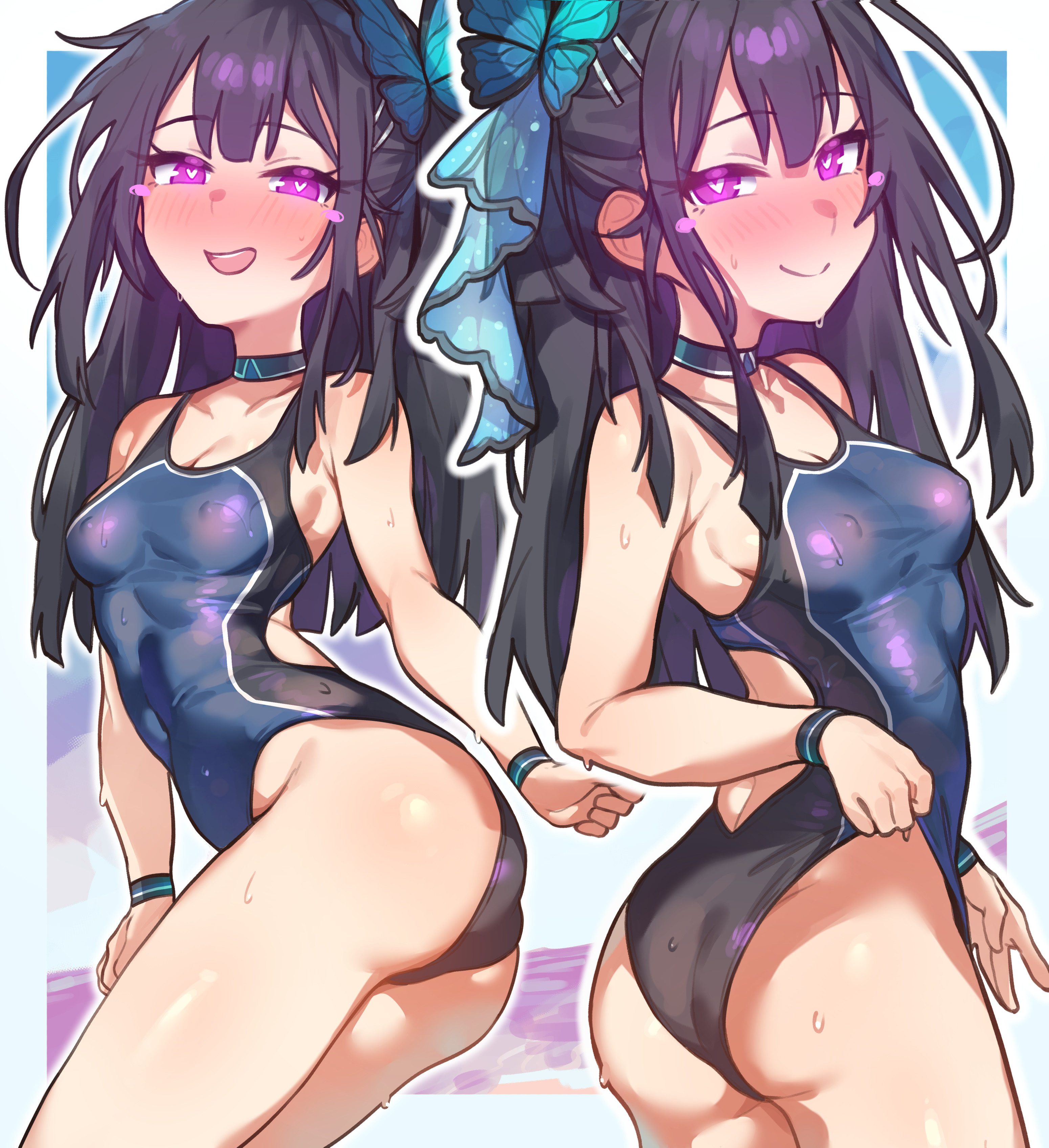 radishkek, miyu edelfelt, miyu edelfelt (swimsuit lancer) (third ascension), fate/grand order, fate (series), absurdres, highres, 1girl, ass, bare shoulders, black hair, black one-piece swimsuit, blue one-piece swimsuit, blush, breasts, butterfly hair ornament, choker, competition swimsuit, glowing, glowing eyes, hair ornament, hair ribbon, hairclip, highleg, highleg one-piece swimsuit, long hair, looking at viewer, multiple views, one-piece swimsuit, purple eyes, ribbon, sidelocks, small breasts, swimsuit, thighs, two-tone one-piece swimsuit