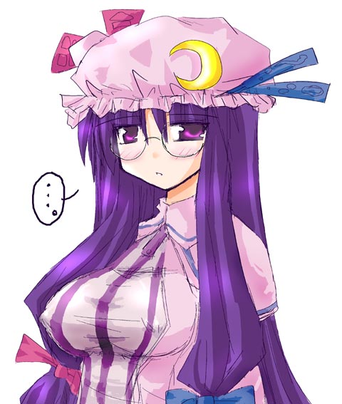 arayama reiichi, patchouli knowledge, touhou, 1girl, bespectacled, bow, breasts, covered erect nipples, crescent, female focus, glasses, hat, long hair, pink bow, purple eyes, purple hair, solo