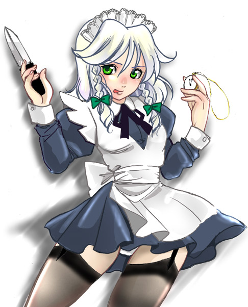 loco, izayoi sakuya, touhou, 1girl, black thighhighs, bow, braid, dress, female focus, garter belt, green eyes, hair bow, knife, maid, panties, pantyshot, shadow, short hair, solo, standing, thighhighs, throwing knife, twin braids, underwear, weapon, white hair, white panties