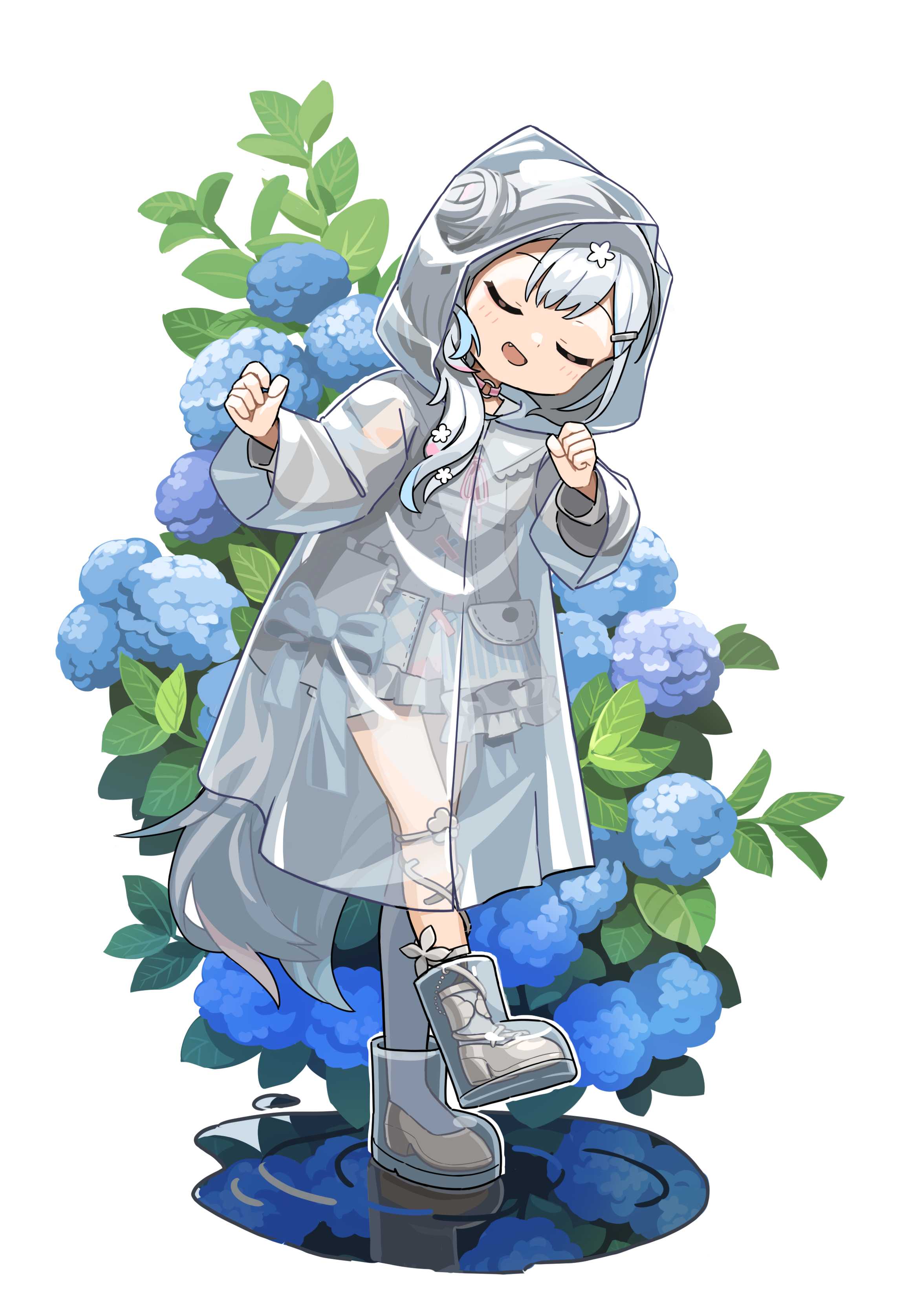 marlowe, vee (vtuber), absurdres, highres, 1girl, blue flower, closed eyes, coat, flower, full body, hasumi sahiro, hood, hydrangea, long hair, open mouth, puddle, raincoat, ripples, see-through clothes, see-through coat, see-through footwear, simple background, solo, virtual youtuber, white background