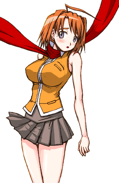 shirono, tokiha mai, my-hime, 00s, 1girl, ahoge, female focus, miniskirt, orange shirt, pleated skirt, red scarf, scarf, school uniform, serafuku, shirt, simple background, skirt, solo, white background