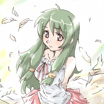 rackane, miyama miki, zettai shounen, light, lowres, 00s, 1girl, arms behind back, blush, brown eyes, collarbone, feathers, female focus, green hair, long hair, looking at viewer, oekaki, outdoors, sidelocks, skirt, solo, very long hair