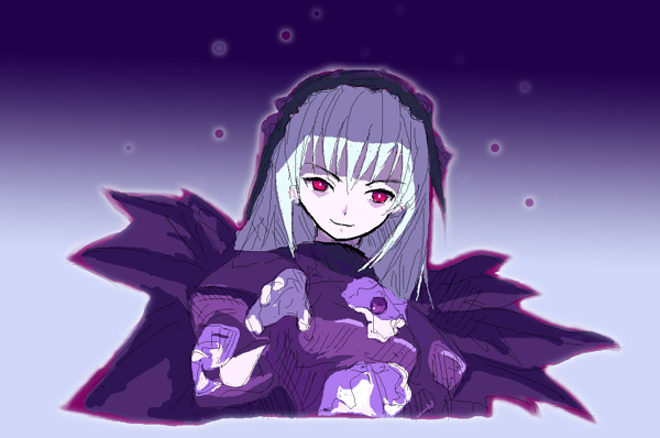 kimura (kimidoriiro), suigintou, rozen maiden, 00s, 1girl, albino, evil smile, female focus, grey hair, hairband, long hair, red eyes, sketch, smile, solo, upper body, wings