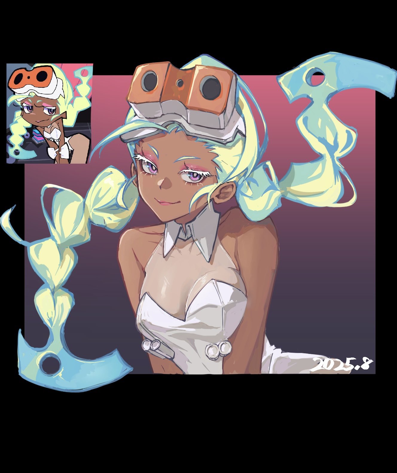 gunsmith bitch (psg), panty & stocking with garterbelt, hashtag-only commentary, highres, 1girl, anime screenshot inset, black border, blue eyes, border, braid, breasts, cleavage, collarbone, collared leotard, colored eyelashes, dark-skinned female, dark skin, dated, eyewear on head, gradient background, green hair, leotard, long hair, looking at viewer, multicolored eyes, multicolored hair, outside border, pink eyes, reference inset, smile, twin braids, upper body, white eyelashes, white leotard, y93067