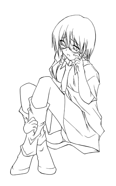 sakura yuu, kurokawa minamo, yubisaki milk tea, 1girl, blush, boots, female focus, glasses, greyscale, kneehighs, lineart, loose socks, monochrome, necktie, open mouth, school uniform, serafuku, short hair, side ponytail, simple background, sitting, socks, solo