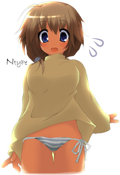 mizoguchi keiji, komaki ikuno, to heart (series), to heart 2, 00s, blue eyes, blue panties, bottomless, brown hair, long sleeves, no pants, panties, shirt, side-tie panties, solo, standing, striped clothes, striped panties, thigh gap, thighs, underwear