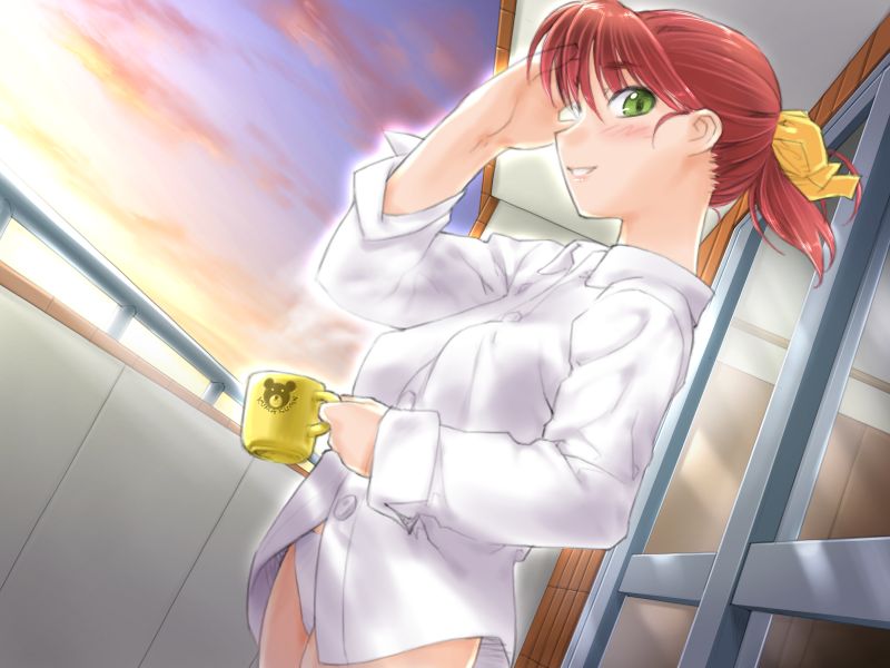 kiriyama taichi, hayase mina, sexfriend, game cg, 00s, 1girl, blush, bottomless, bow, cowboy shot, cup, dress shirt, dutch angle, female focus, green eyes, hair bow, mug, no pants, panties, red hair, shirt, sky, solo, standing, underwear, white panties, white shirt