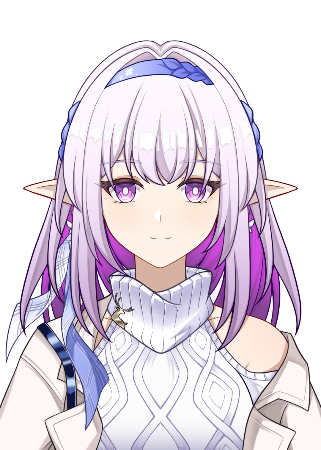 castorice (honkai: star rail), honkai: star rail, honkai (series), bad source, highres, 1girl, bare shoulders, blue hairband, bright pupils, castorice (luckin coffee) (honkai: star rail), closed mouth, clothing cutout, colored inner hair, earrings, hairband, jacket, jewelry, lingkong yishuo, long hair, looking at viewer, mismatched earrings, multicolored hair, off shoulder, open clothes, open jacket, pink hair, pointy ears, purple eyes, purple hair, shoulder cutout, simple background, smile, solo, sweater, turtleneck, two-tone hair, upper body, white background, white jacket, white pupils, white sweater
