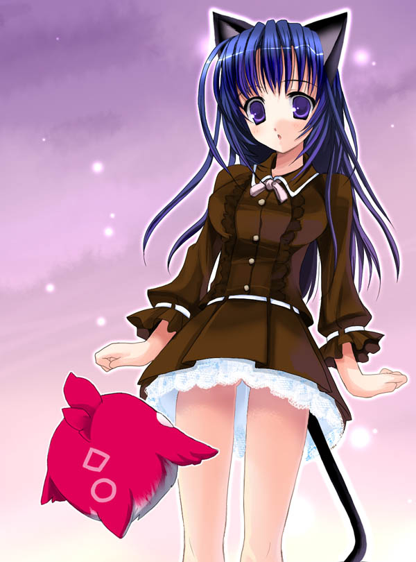 chimaro, arin (pangya), pangya, 1girl, animal ears, blue hair, cat ears, cat tail, dress, female focus, long hair, purple eyes, solo, tail