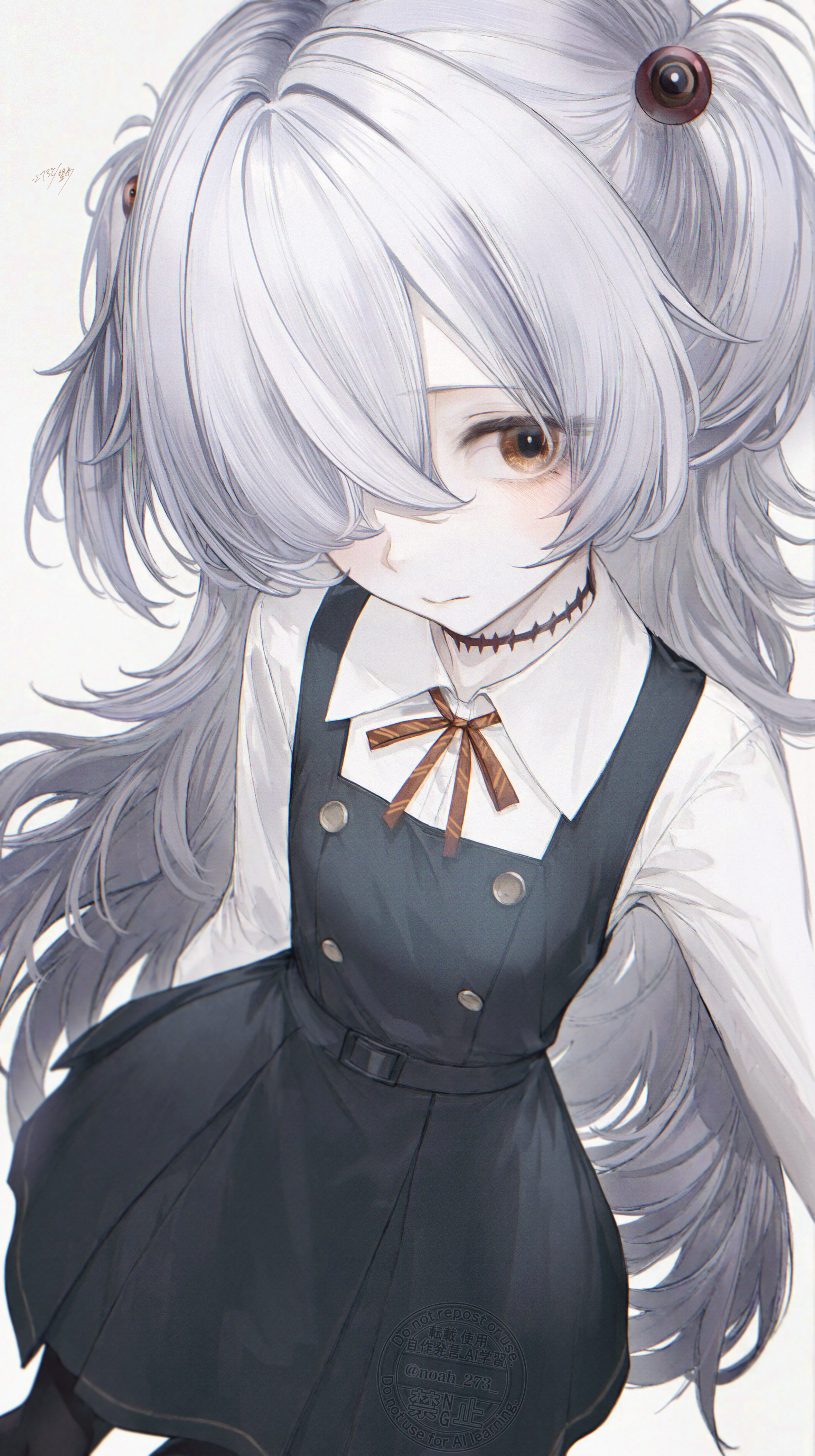 renoahh, kanoe (blue archive), blue archive, absurdres, highres, 1girl, black dress, black pantyhose, blush, brown eyes, brown ribbon, closed mouth, dress, grey hair, hair over one eye, long sleeves, looking at viewer, pantyhose, ribbon, shirt, solo, two side up, white shirt