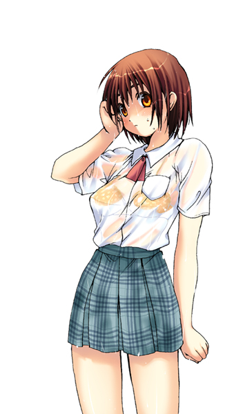 ninoko, ayase fuuka, yotsubato!, 1girl, bra, bra visible through clothes, female focus, lingerie, pleated skirt, school uniform, see-through clothes, serafuku, shirt, skirt, solo, thick eyebrows, underwear, wet, wet clothes, wet shirt