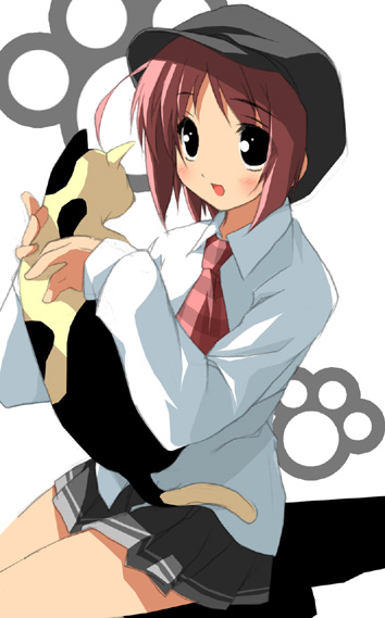 kantoku, kiriyama sakura, original, looking away, striped, 1girl, :d, ahoge, black eyes, blush, cat, dress shirt, female focus, hat, holding, miniskirt, necktie, newsboy cap, open mouth, parted bangs, paw print, pink hair, pleated skirt, profile, school uniform, shadow, shirt, short hair, simple background, sitting, skirt, smile, solo, white background