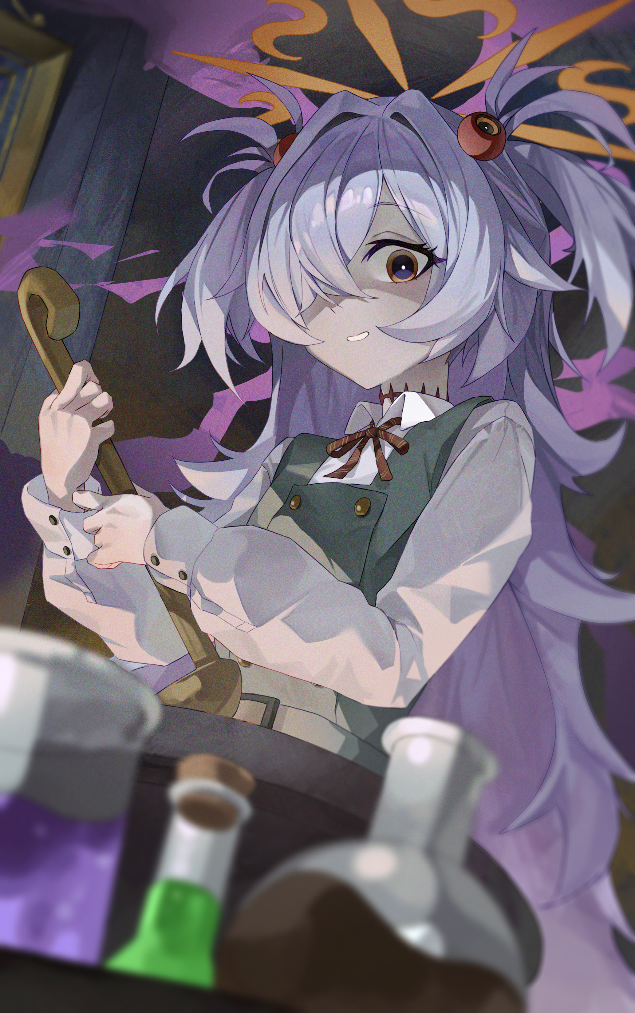 vkrv4873, kanoe (blue archive), blue archive, absurdres, highres, 1girl, black pantyhose, brown eyes, brown ribbon, dress, grey dress, grey hair, grin, hair over one eye, halo, holding, holding ladle, ladle, long sleeves, looking at viewer, orange halo, pantyhose, ribbon, shaded face, shirt, smile, solo, two side up, white shirt, witch