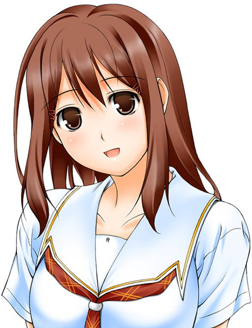 ribucci, hoshino yuumi, kimi kiss, 1girl, brown eyes, brown hair, female focus, head tilt, looking at viewer, open mouth, school uniform, simple background, smile, solo, white background