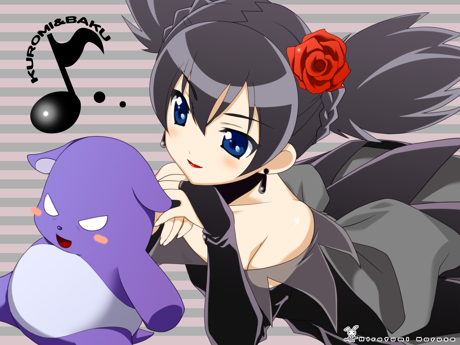 naruse hirofumi, baku (onegai my melody), kuromi, kurumi nui, onegai my melody, sanrio, highres, 00s, 1girl, bare shoulders, black hair, blue eyes, blush, bridal gauntlets, earrings, female focus, flower, head rest, jewelry, lipstick, looking at viewer, lying, makeup, musical note, on stomach, rose, solo, twintails