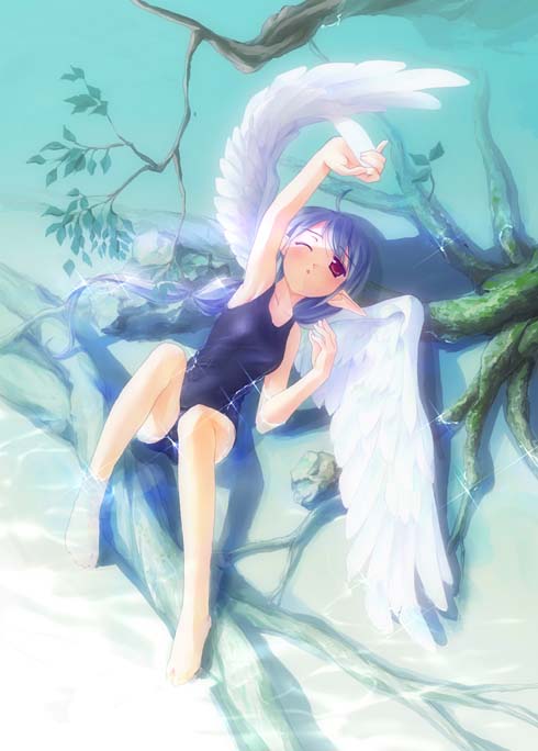 takoyaki (roast), original, 1girl, angel, barefoot, elf, feet, female focus, one-piece swimsuit, outdoors, pointy ears, ripples, school swimsuit, solo, swimsuit, water, wings