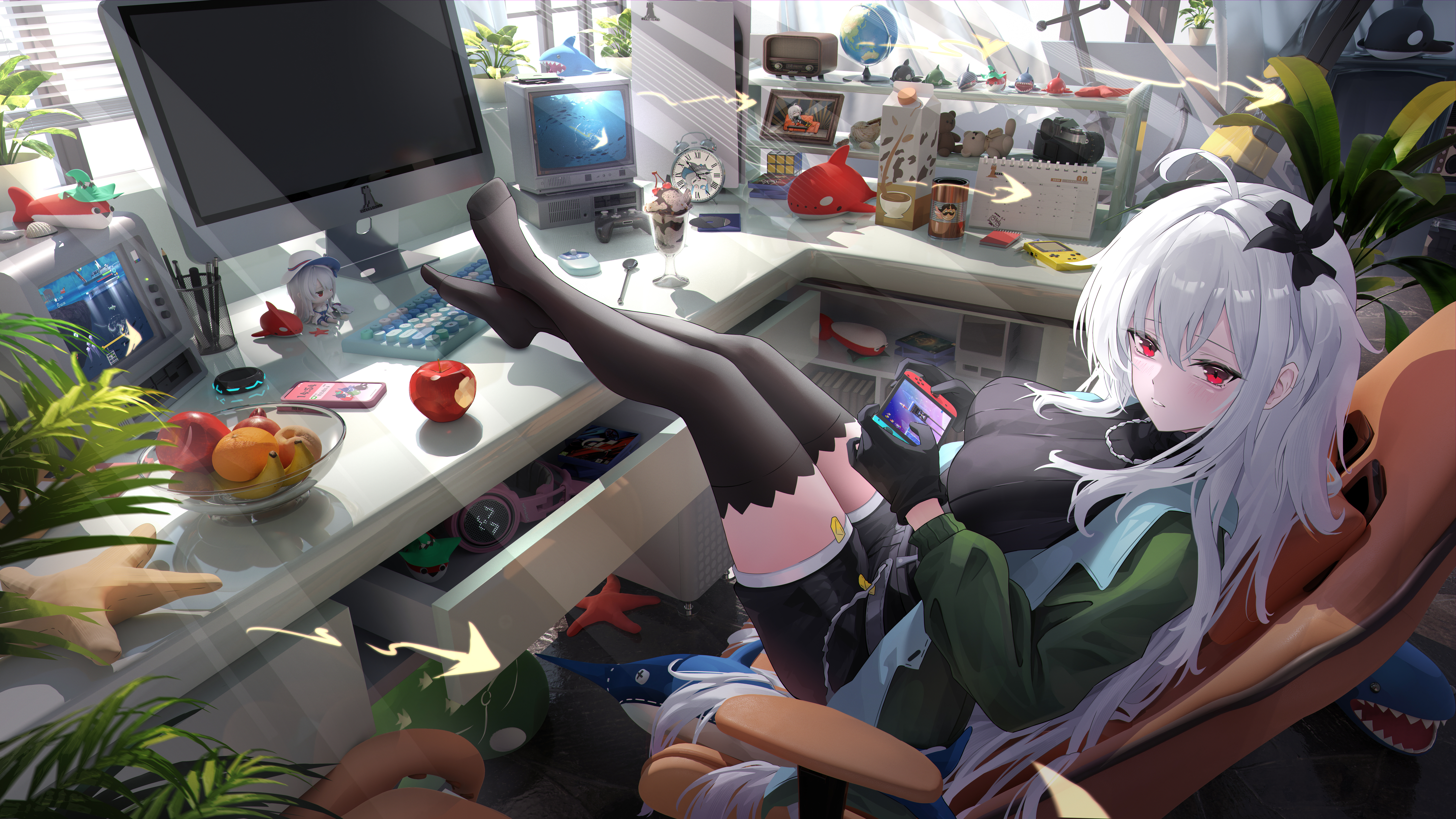 dahai zhijian, skadi (arknights), skadi (the next afternoon tea) (arknights), skadi (waverider) (arknights), arknights, absurdres, highres, 1girl, angelfish, apple, black gloves, black shorts, black sweater, black thighhighs, cellphone, chair, computer, computer keyboard, figure, fish, food, fruit, gaming chair, gloves, green jacket, grey hair, handheld game console, holding, holding handheld game console, indoors, jacket, long hair, nintendo switch, no shoes, official alternate costume, one side up, open clothes, open jacket, parted lips, phone, playing games, red eyes, shorts, solo, starfish, sweater, swivel chair, thighhighs