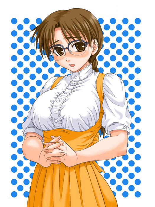 hida tatsuo, hoshina tomoko, anna miller, to heart, to heart (series), 1girl, blush, breasts, brown eyes, brown hair, dress, female focus, glasses, orange dress, solo, waitress
