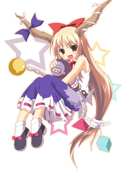 ibuki suika, touhou, 1girl, :d, belt, blonde hair, blush, bow, brown eyes, chain, female focus, full body, gourd, hair bow, horns, large bow, long hair, looking at viewer, low-tied long hair, open mouth, ponytail, shoes, simple background, sitting, skirt, smile, socks, solo, star (symbol), star symbol background, studded belt, very long hair