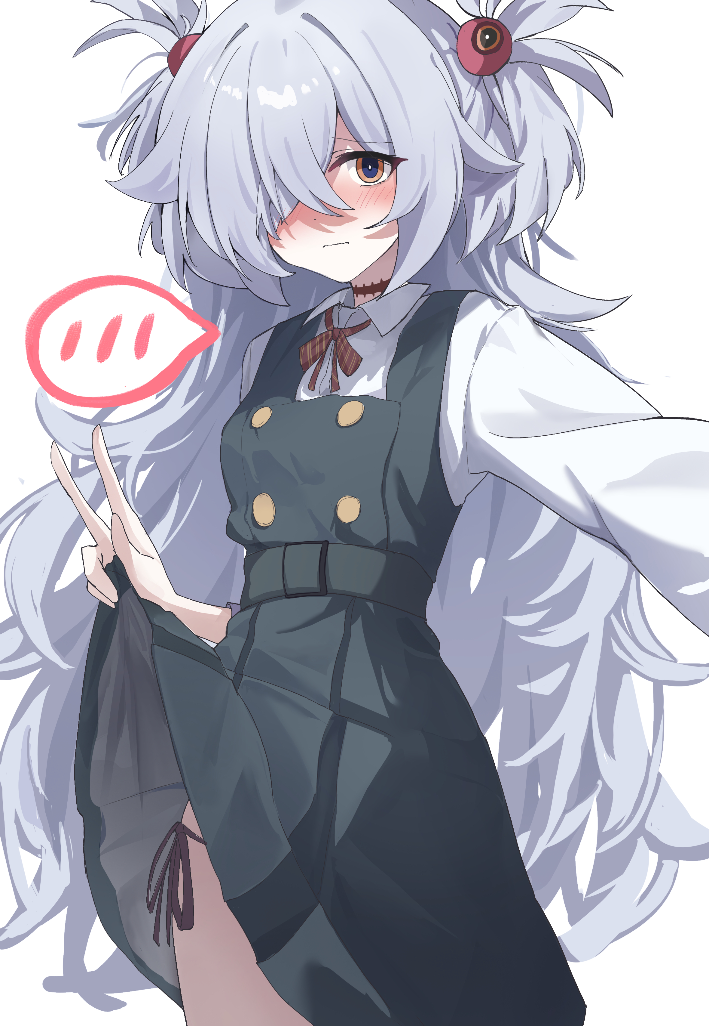 nonoka7221, kanoe (blue archive), blue archive, absurdres, highres, 1girl, black dress, black pantyhose, blush, brown eyes, closed mouth, clothes lift, dress, embarrassed, grey hair, hair over one eye, long sleeves, looking at viewer, pantyhose, red ribbon, ribbon, shirt, skirt, skirt lift, solo, two side up, w, white shirt