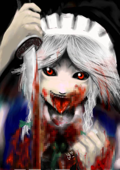 chado, izayoi sakuya, embodiment of scarlet devil, touhou, 1girl, black sclera, blood, blood on face, bow, braid, censored, colored sclera, creepy, fake censor, female focus, guro, hair bow, holding, holding knife, horror (theme), knife, maid, maid headdress, mosaic censoring, red eyes, solo, tongue, tongue out, twin braids, white hair