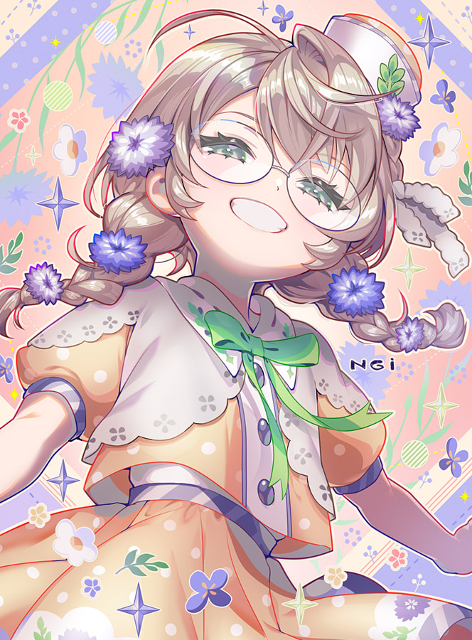 ngi kta, yaguruma rine, nijisanji, commentary request, flower request, 1girl, blue flower, braid, flower, glasses, green ribbon, grey eyes, grin, hat, long hair, looking at viewer, mini hat, orange shirt, orange skirt, purple flower, ribbon, shirt, short sleeves, skirt, smile, solo, sparkle, twin braids, virtual youtuber, white hat