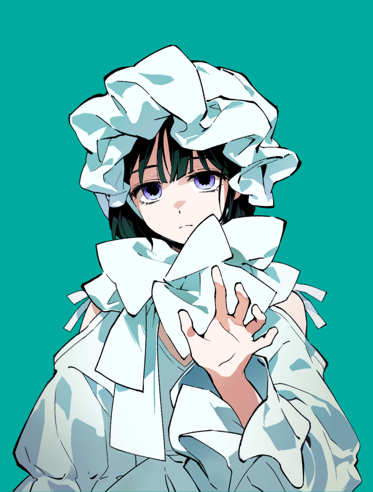 jiaoshui98161, sua (alien stage), alien stage, chinese commentary, commentary request, highres, 1girl, aqua background, black hair, bonnet, closed mouth, dress, frilled bonnet, frills, long sleeves, purple eyes, short hair, simple background, solo, upper body, white bonnet, white dress