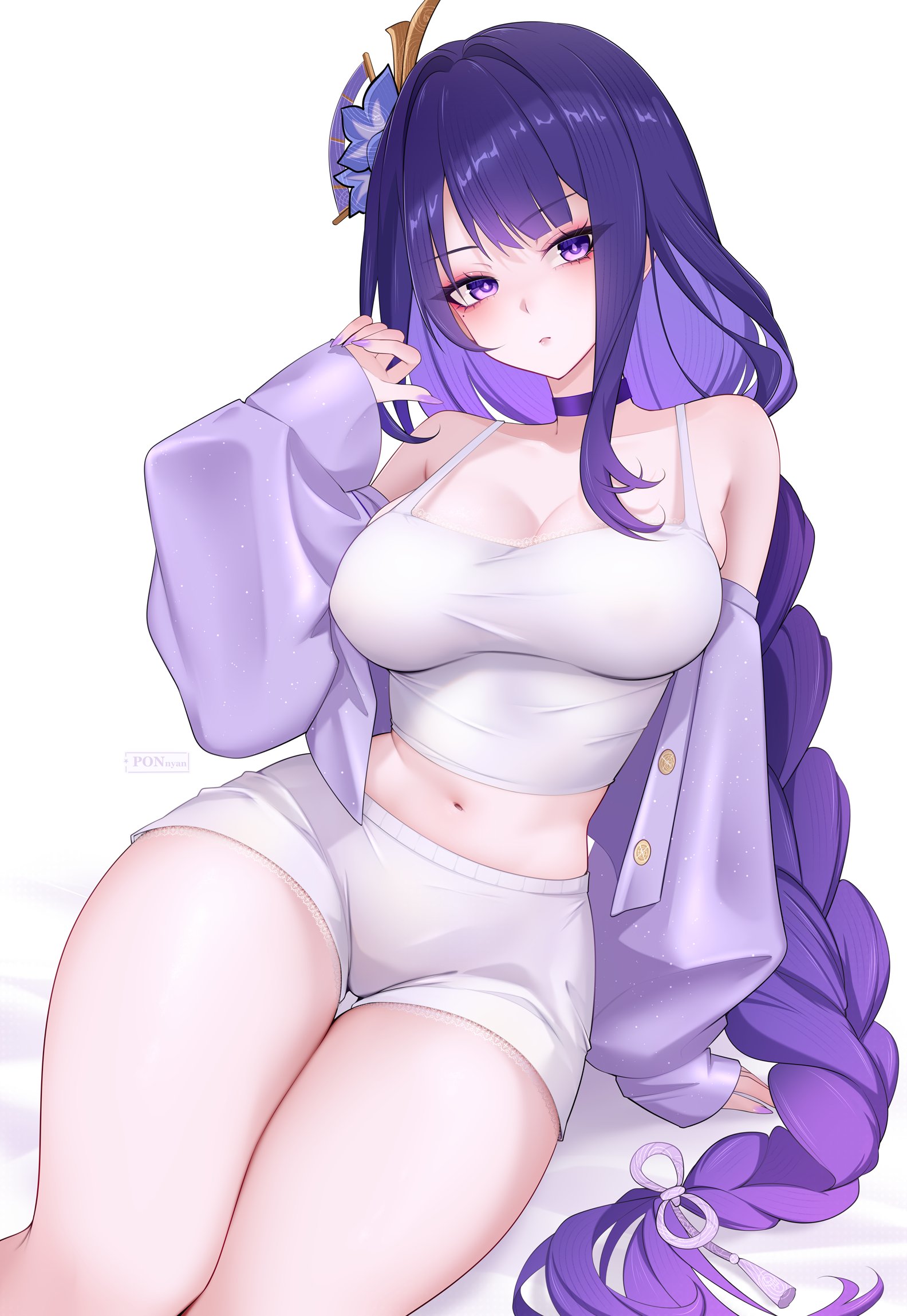 pr ponnyan, raiden shogun, genshin impact, commentary, highres, 1girl, alternate costume, arm support, artist name, bare shoulders, blush, breasts, camisole, choker, cleavage, closed mouth, collarbone, crop top, feet out of frame, fingernails, hair ornament, hair ribbon, hand up, jacket, large breasts, long fingernails, long hair, long sleeves, looking at viewer, low-braided long hair, low-tied long hair, midriff, nail polish, navel, purple choker, purple eyes, purple hair, purple jacket, purple ribbon, ribbon, shorts, sitting, solo, thighs, very long hair, white background, white camisole, white shorts