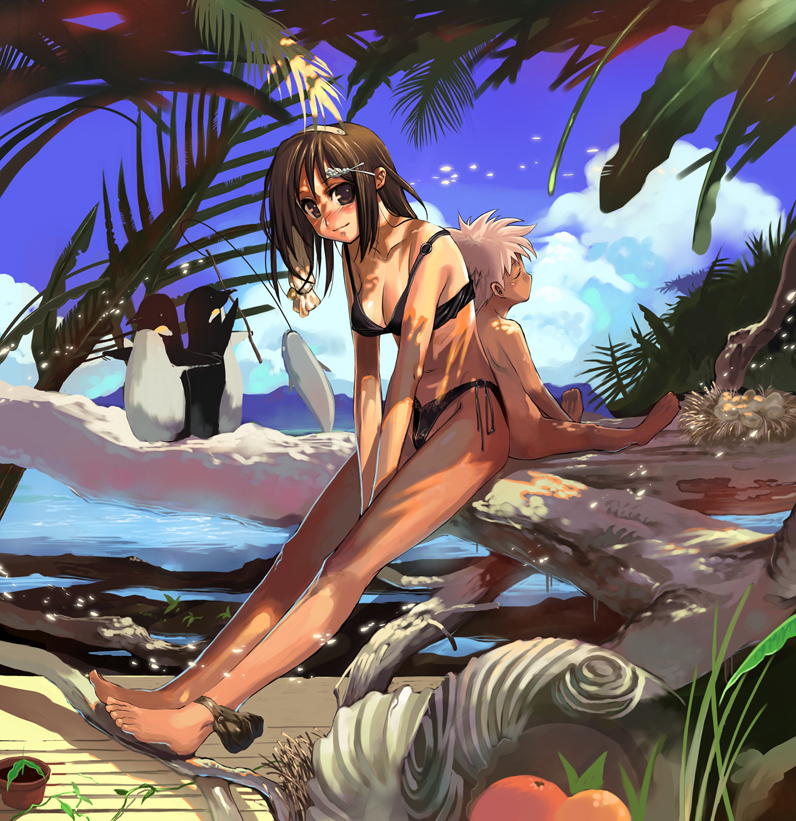 morii shizuki, 1boy, 1girl, animal, ankle ribbon, back-to-back, barefoot, bikini, bikini top only, bird, blush, brown eyes, brown hair, day, egg, feet, fish, fishing, fishing rod, leg ribbon, legs, long legs, outdoors, penguin, ribbon, side-tie bikini bottom, solo focus, swimsuit, thighs, tree, water
