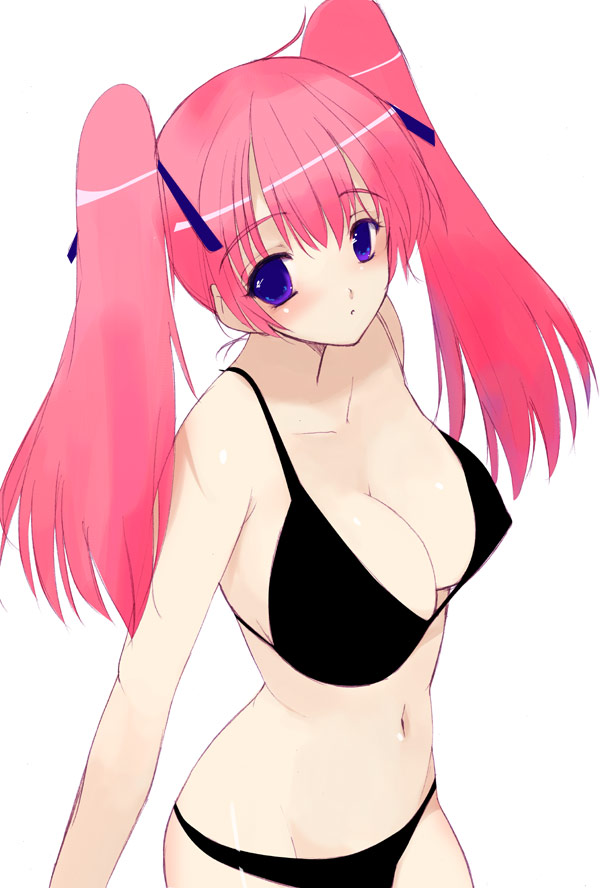 kusaka souji, bikini, black bikini, breasts, cleavage, large breasts, pink hair, purple eyes, solo, swimsuit, twintails