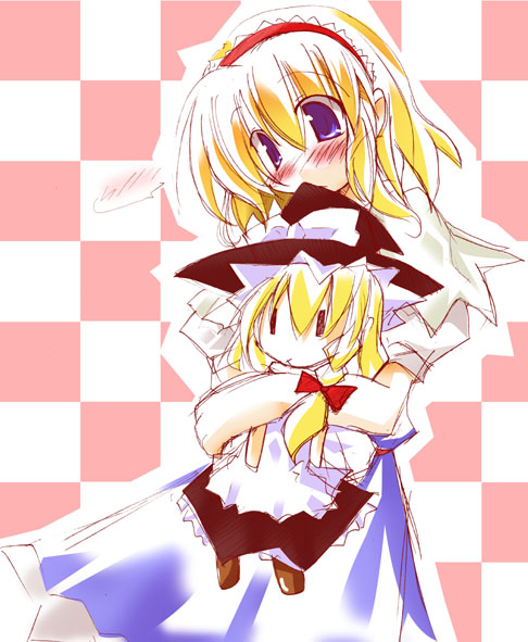 alice margatroid, kirisame marisa, touhou, 1girl, blonde hair, blue eyes, character doll, checkered background, doll, dress, female focus, hairband, hat, solo, witch hat