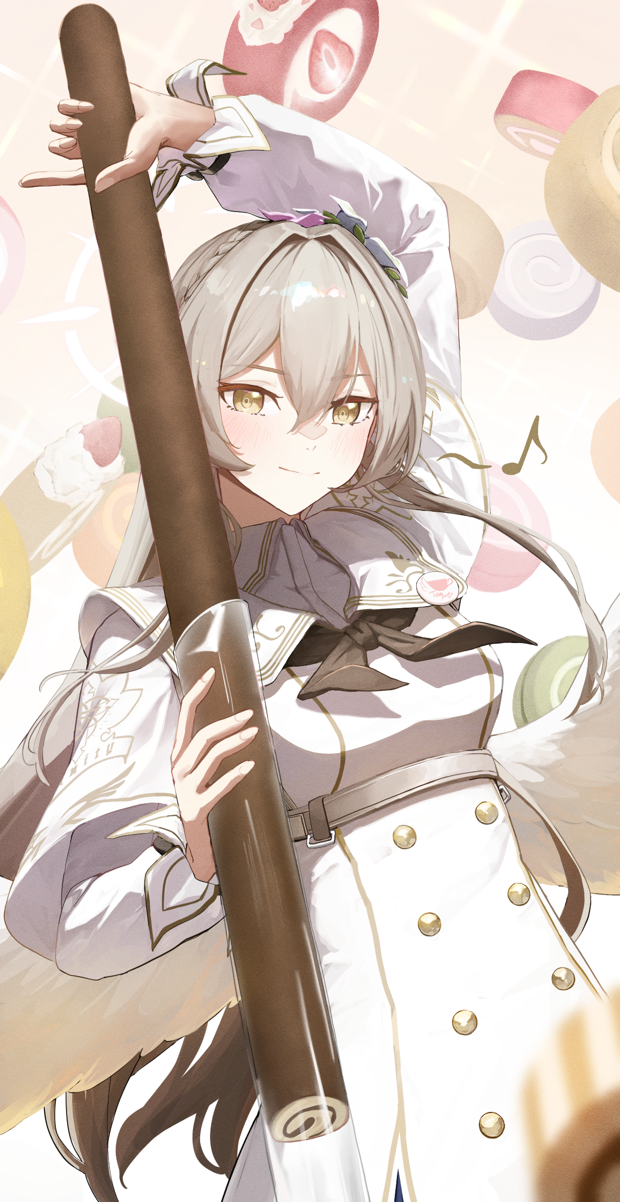 ailushin, nagisa (blue archive), blue archive, highres, 1girl, black neckerchief, blonde hair, blush, braid, cake, closed mouth, crown braid, drawing sword, dress, flower, food, hair between eyes, hair flower, hair ornament, halo, holding, holding food, holding sword, holding weapon, light smile, long hair, looking at viewer, neckerchief, sidelocks, solo, swiss roll, sword, weapon, white dress, white flower, yellow eyes