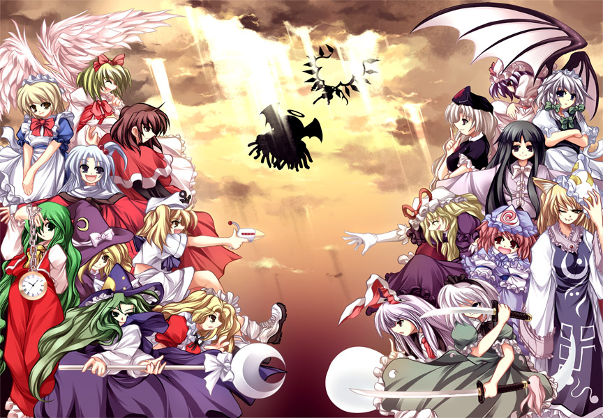 amamizu, evil eye sigma, flandre scarlet, gengetsu (touhou), houraisan kaguya, izayoi sakuya, kazami yuuka, kazami yuuka (pc-98), kirisame marisa, kirisame marisa (pc-98), kitashirakawa chiyuri, konpaku youmu, mima (touhou), mugetsu (touhou), okazaki yumemi, reisen udongein inaba, remilia scarlet, saigyouji yuyuko, shinki (touhou), yagokoro eirin, yakumo ran, yakumo yukari, yumeko (touhou), final fantasy, riviera, touhou, animal ears, crossover, everyone, opposing sides, parody, rabbit ears, tabard