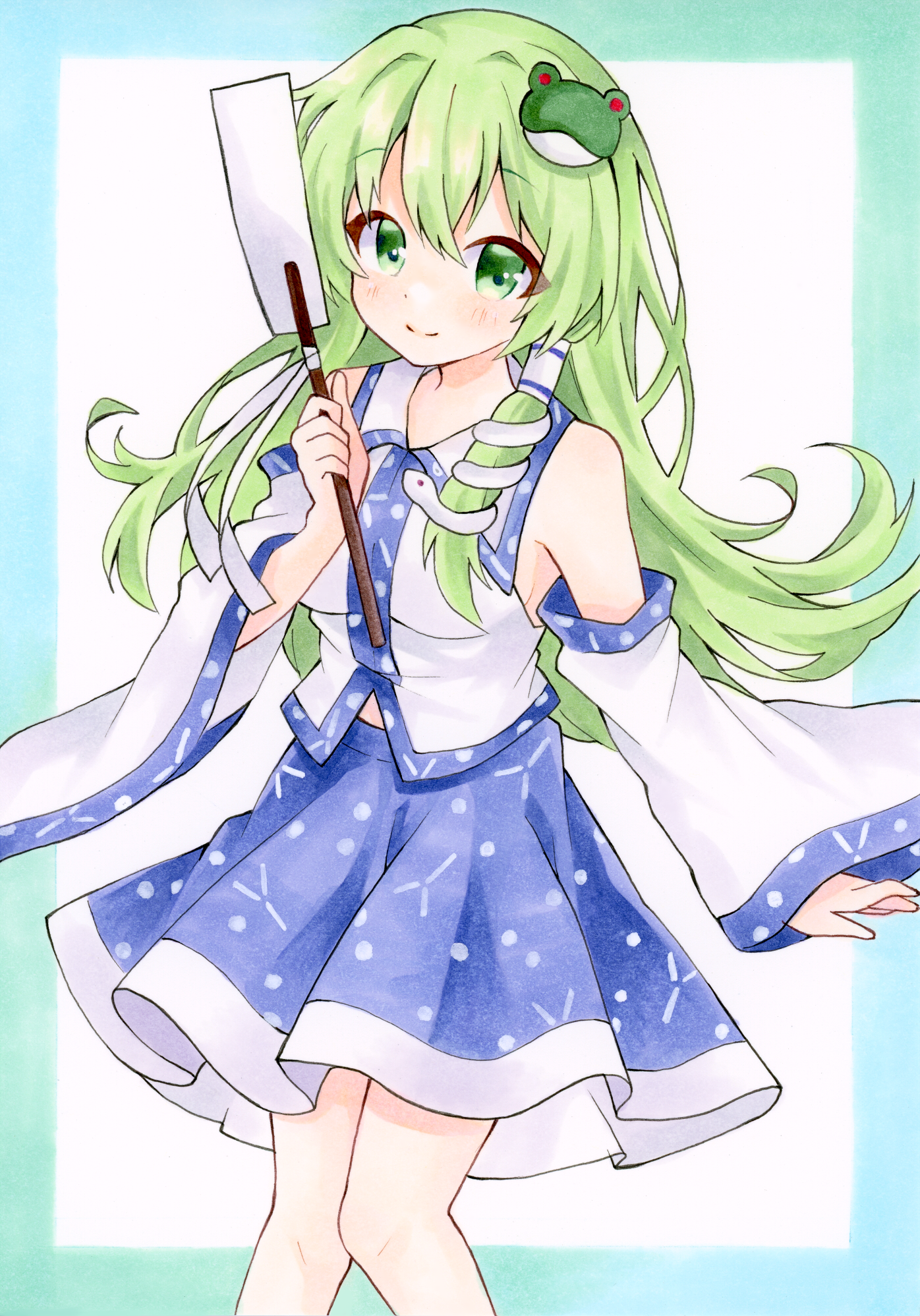 yuiki (cube), kochiya sanae, touhou, commentary, highres, marker (medium), traditional media, 1girl, bare shoulders, blue border, blue skirt, blush, border, breasts, closed mouth, collared shirt, detached sleeves, dot nose, frog hair ornament, gohei, green eyes, green hair, hair intakes, hair ornament, hair tubes, holding, holding gohei, long hair, long sleeves, looking at viewer, medium breasts, midriff peek, patterned clothing, print skirt, shirt, single hair tube, single sidelock, skirt, sleeveless, sleeveless shirt, sleeves past wrists, smile, snake hair ornament, solo, wide sleeves