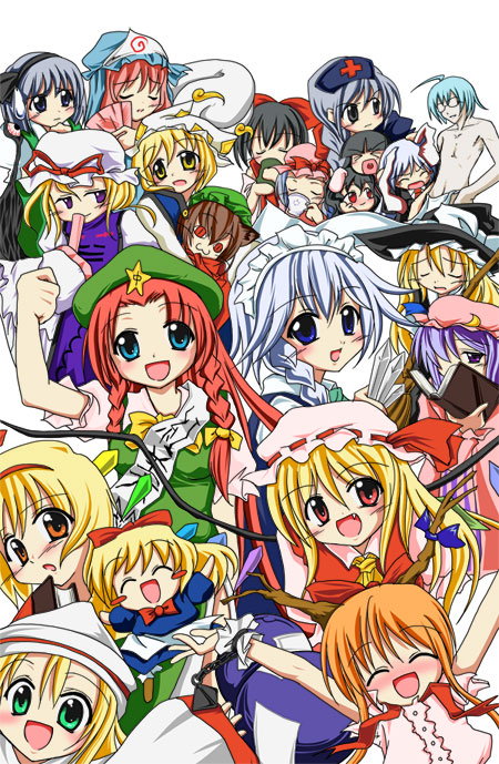 mandara misaki, alice margatroid, chen, flandre scarlet, hakurei reimu, hong meiling, houraisan kaguya, ibuki suika, inaba tewi, izayoi sakuya, kirisame marisa, konpaku youmu, lily white, morichika rinnosuke, patchouli knowledge, reisen udongein inaba, remilia scarlet, saigyouji yuyuko, shanghai doll, yagokoro eirin, yakumo ran, yakumo yukari, touhou, 1boy, 6+girls, animal ears, blonde hair, everyone, hat, mob cap, multiple girls, rabbit ears, siblings, sisters, wings, witch hat