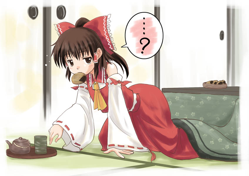 haniwa, haniwa (leaf garden), hakurei reimu, touhou, 1girl, all fours, arm support, blush, bow, brown hair, cup, female focus, food, hair bow, kotatsu, mouth hold, senbei, short hair, sleepy, sliding doors, solo, speech bubble, table, tea, teapot, yunomi