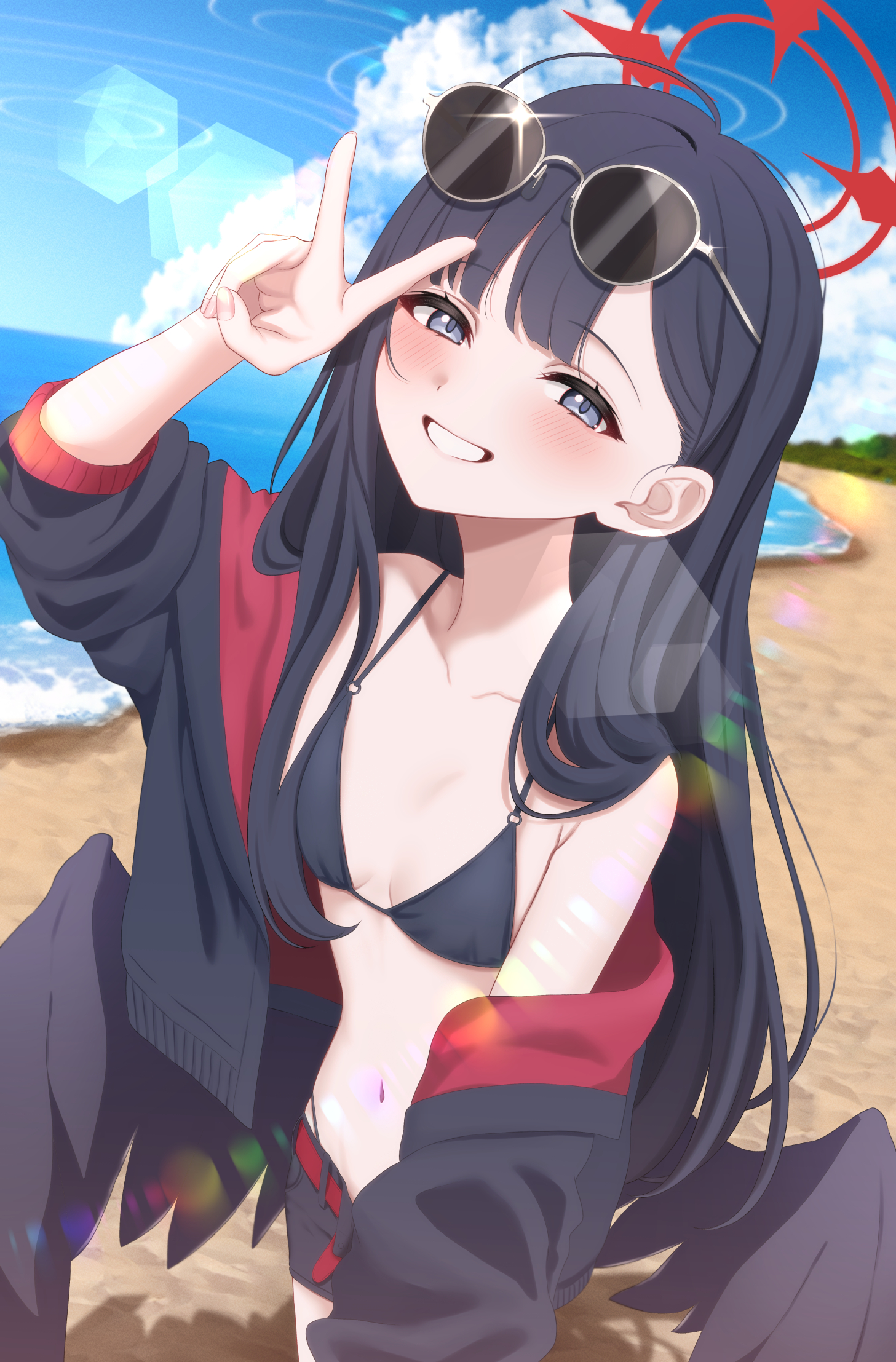 yoshiki 3821, ichika (blue archive), ichika (swimsuit) (blue archive), blue archive, highres, 1girl, bare shoulders, beach, bikini, black bikini, black hair, black jacket, black shorts, black wings, blue eyes, blush, breasts, eyewear on head, grin, hair behind ear, halo, jacket, long hair, looking at viewer, navel, ocean, official alternate costume, red halo, shorts, smile, solo, stomach, sunglasses, swimsuit, v, wings