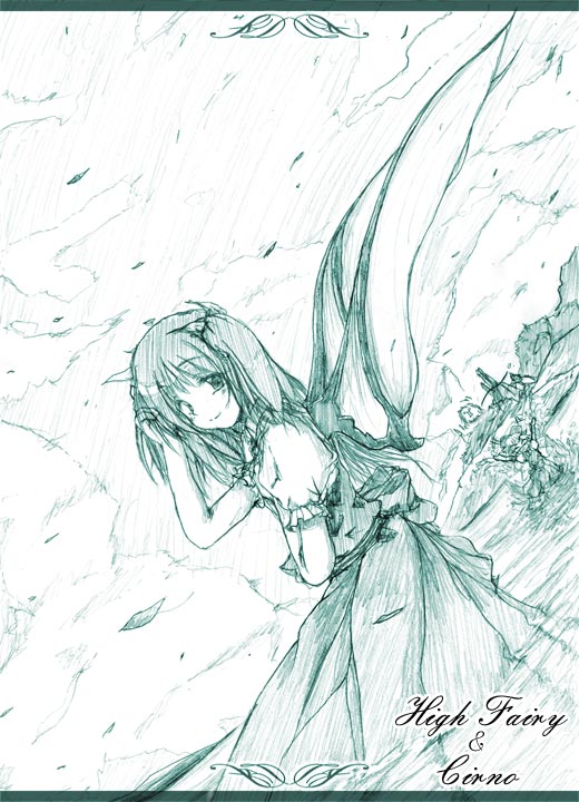 cirno, daiyousei, kedama (touhou), embodiment of scarlet devil, touhou, 2girls, adjusting hair, character name, dress, dutch angle, fairy wings, female focus, looking at viewer, monochrome, multiple girls, nature, smile, wading, water, wings