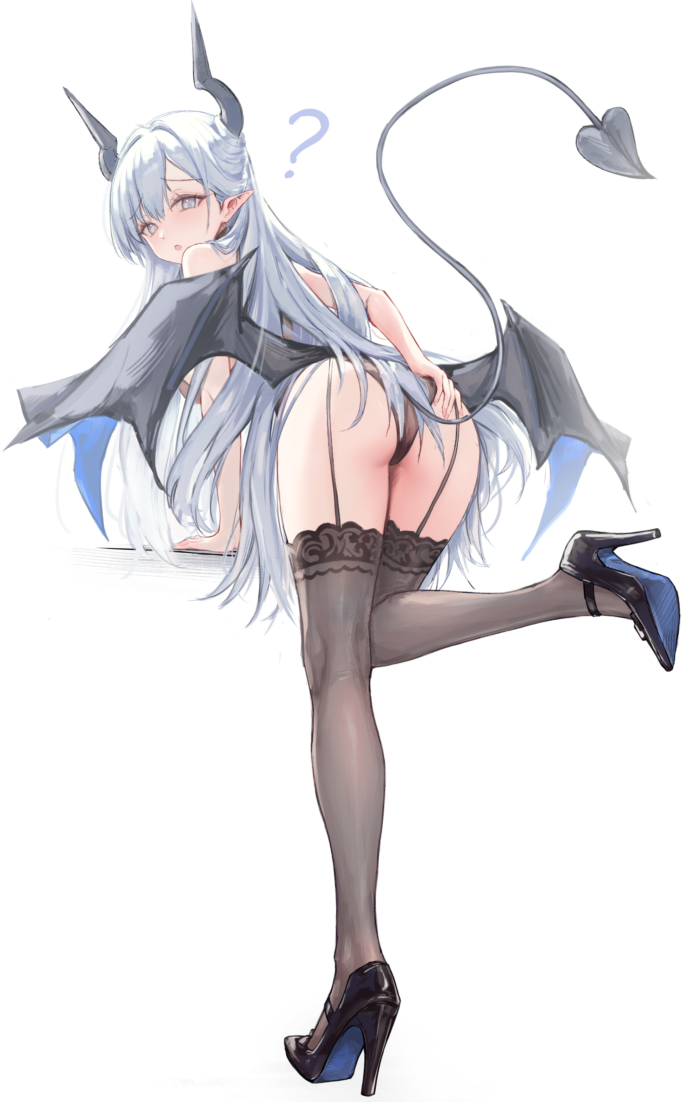 yuye, thea (nekojira), original, absurdres, chinese commentary, commentary request, highres, 1girl, :o, ?, ass, bent over, black shoes, blue eyes, borrowed character, brown panties, brown thighhighs, demon girl, demon horns, demon tail, demon wings, from behind, full body, garter straps, hand on own ass, high heels, horns, leg up, long hair, looking at viewer, looking back, low wings, open mouth, panties, pointy ears, shoes, simple background, solo, standing, standing on one leg, tail, tail raised, thighhighs, underwear, underwear only, very long hair, white background, white hair, wings