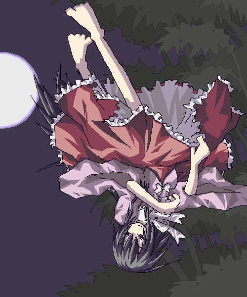 houraisan kaguya, touhou, 1girl, alternate hairstyle, bad anatomy, bad feet, bamboo, bamboo forest, bare shoulders, barefoot, black hair, female focus, flying, forest, full moon, long hair, moon, nature, night, oekaki, solo, upside-down, very long hair