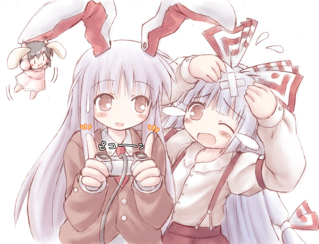 fujiwara no mokou, inaba tewi, reisen udongein inaba, touhou, 3girls, animal ears, chibi, female focus, game console, multiple girls, patch, playing games, rabbit ears, video game