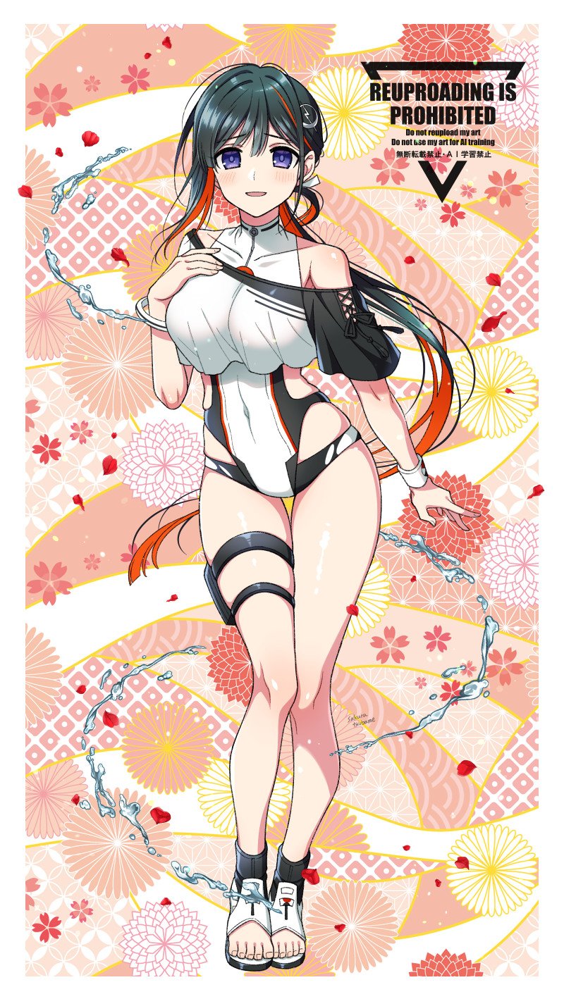 sakura tsubame, miss crane (fate), fate/grand order, fate (series), highres, 1girl, bare shoulders, black hair, black one-piece swimsuit, black shirt, blush, bracelet, breasts, cropped shirt, full body, hair ornament, jeunesse crane (first ascension) (fate), jewelry, long hair, looking at viewer, medium breasts, multicolored hair, off shoulder, one-piece swimsuit, open mouth, ponytail, purple eyes, red hair, sandals, shirt, smile, solo, swimsuit, thigh strap, two-tone hair, two-tone one-piece swimsuit, two-tone shirt, white one-piece swimsuit, white shirt, wristband