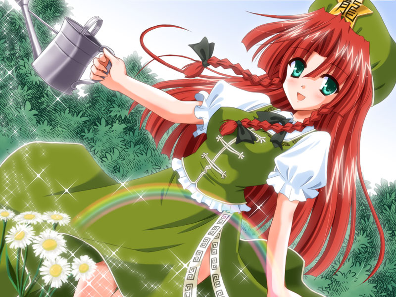 yamu (reverse noise), hong meiling, embodiment of scarlet devil, touhou, 1girl, aqua eyes, blush, bow, braid, china dress, chinese clothes, daisy (flower), dress, dutch angle, female focus, flower, green eyes, green hat, hair bow, hat, long hair, open mouth, outdoors, rainbow, red hair, smile, solo, star (symbol), twin braids, watering can