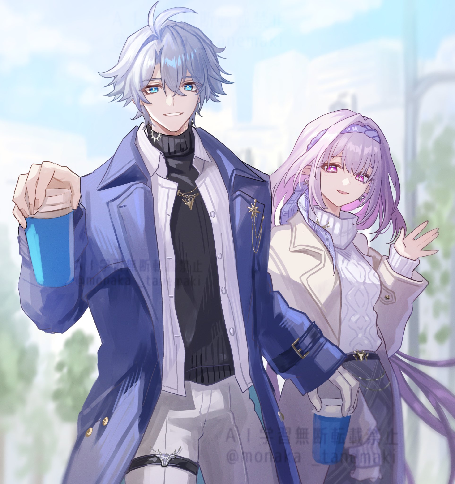 tanemaki monaka, castorice (honkai: star rail), phainon (honkai: star rail), honkai: star rail, honkai (series), highres, 1boy, 1girl, antenna hair, blue coat, blue eyes, castorice (luckin coffee) (honkai: star rail), coat, cup, grey coat, grey hair, grin, hand up, holding, holding cup, long hair, looking at viewer, official alternate costume, outdoors, phainon (luckin coffee) (honkai: star rail), purple eyes, purple hair, short hair, smile, teeth, waving, yellow pupils