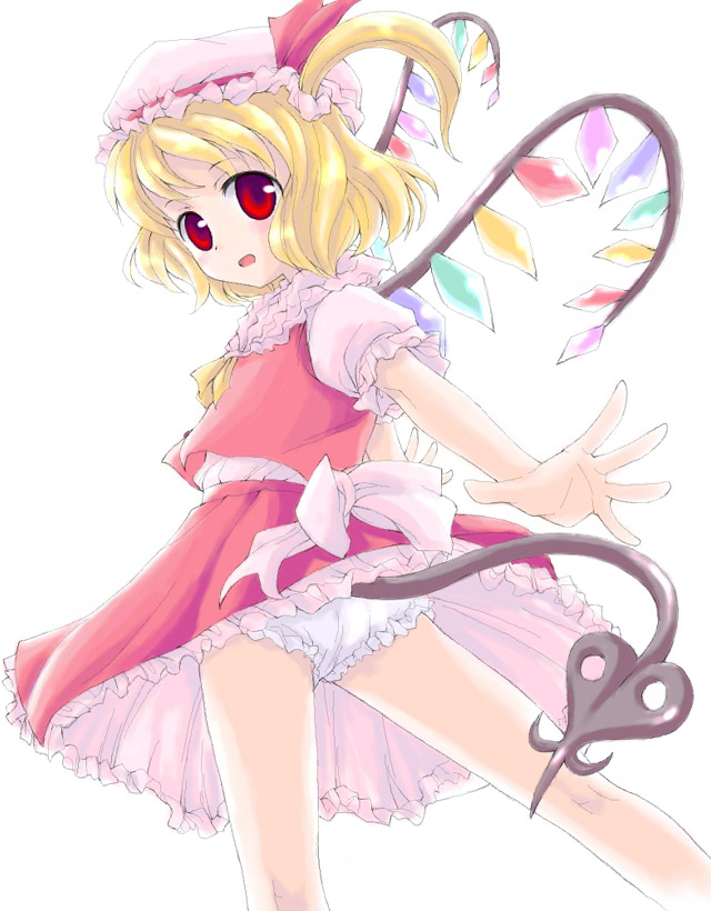 flandre scarlet, touhou, 1girl, blonde hair, blouse, bonnet, bow, female focus, frilled panties, frills, lingerie, panties, pantyshot, petticoat, red eyes, shirt, short hair, skirt, solo, underwear, vest, white background, white panties